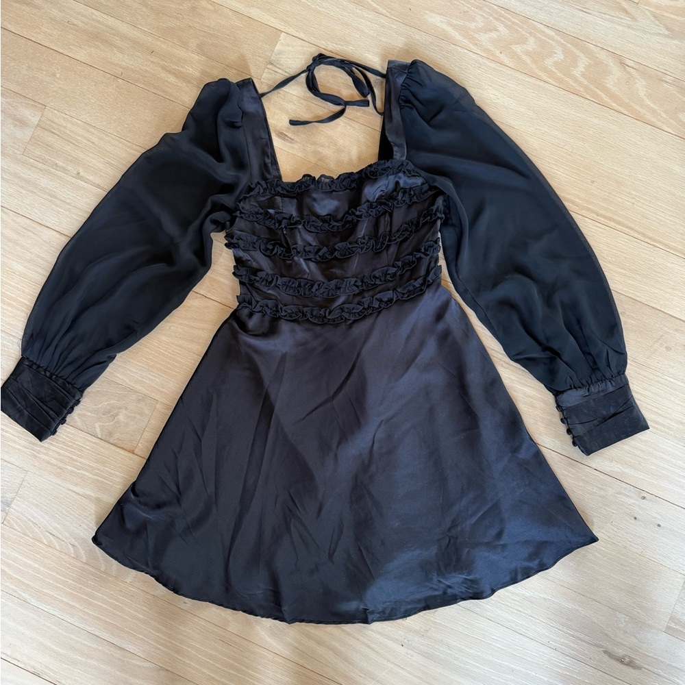 🖤 NWT Satin Long Chiffon Sleeve Ruffle Mini Dress – Black